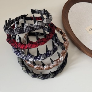 Punk style plaid fabric headbands with rivets and long teeth in five different color patterns