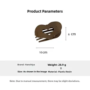 Brown heart hair clip detail showing 10cm x 6cm dimensions and 28.9g weight data