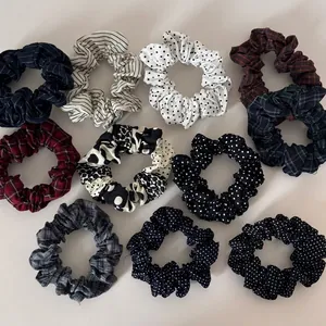 Vintage Polka Dot Plaid Fabric Scrunchies For Women High Elastic Pleated Hair Bands Grid Striped Pattern Hair Ties Fashion Accessories
