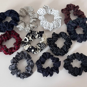 Set of 10 vintage polka dot and checkered elastic scrunchies in assorted colors