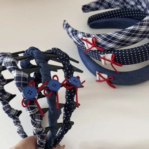 Cerchietto Blu Notte a Quadri e Pois Con Fiocco per Donna Fascia per Capelli in Tessuto Denim Vintage Con Bottone