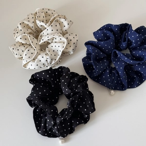 Three-piece set of polka dot chiffon hair scrunchies with elegant pearl pendants