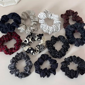 Set of 10 vintage polka dot and striped scrunchies in assorted dark colors