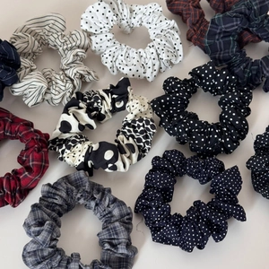 Polka dot and plaid vintage scrunchies set with elastic fabric for hair styling