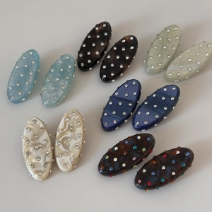 Set of 6 pairs oval rhinestone hair clips with marble and tortoiseshell patterns