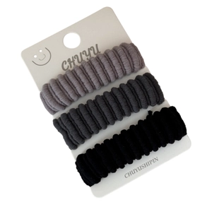 Three-pack high elasticity wide hair ties in grey and black for damage-free hairstyles