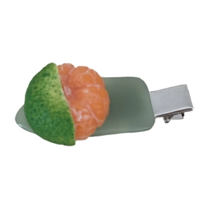 Cute resin orange fruit slice hair clip with green peel and metal alligator hair grip