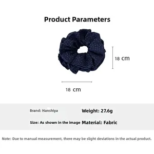 Detailed parameter view showing dimensions and weight of navy blue polka dot hair scrunchie