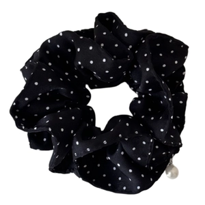 French style black polka dot scrunchie with white pearl pendant and elegant fabric texture