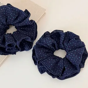 Navy Blue Polka Dot Fabric Hair Scrunchie Large Pleated Elastic Hair Tie For Women Girls Elegant Korean Style Hair Accessories