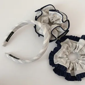 French Vintage Navy Striped Cloth Hair Scrunchies Large Ruffle Hair Ties Elegant Striped Headband For Women Hair Accessories