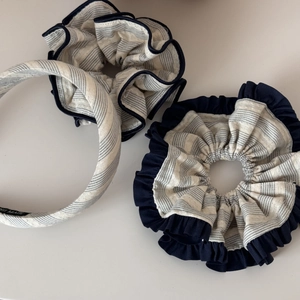 Navy and white striped hair accessory set with headband and oversized scrunchies