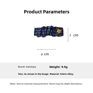 Blue plaid fabric hair clip with gold heart buckle, dimensions 8x3cm and 9.9g weight