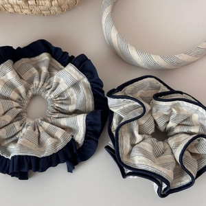 Blue and white striped hair accessory set with two scrunchies and a matching headband