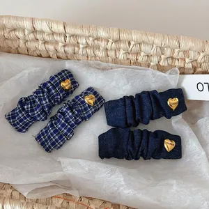 Vintage Blue Fabric Hair Clips Gold Heart Buckle Pleated Scrunchie Denim Plaid BB Clip Fringe Barrettes For Women Hair Accessories