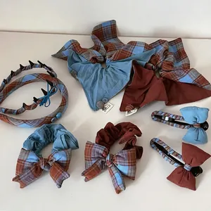 Vintage Carreaux Rouge Bleu Patchwork Chouchous pour Femmes Fait à la Main Nœud en Tissu Barrettes Cheveux Douce Serre-tête Accessoires