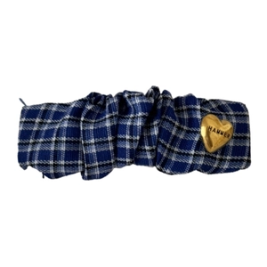 Blue plaid fabric hair clip with a golden heart-shaped metal buckle and engraved text