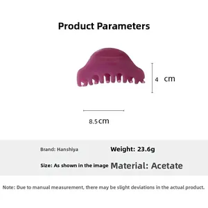 Dimensions détaillées de la pince à cheveux en acétate violet avec poids et taille