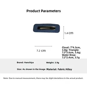 Detailed size specifications of blue denim fabric rectangular BB hair clip for women