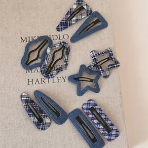 Women's Korean Style Blue Denim Plaid Fabric Wrapped Hair Clip Geometric Bangs Clip Vintage Sweet BB Clip Hair Accessories