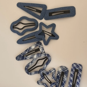 Navy blue denim and plaid fabric BB hair clips set with various geometric shapes