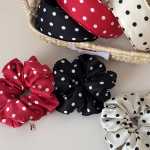 Satin polka dot scrunchie and headband set in red, black, and beige colors