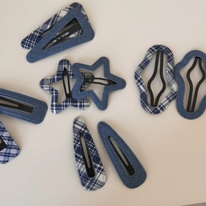 Set of denim and blue checkered hair clips in star, triangle and wave shapes