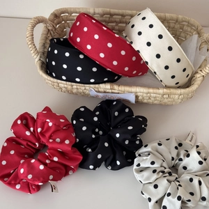 Polka dot satin scrunchies and headbands set in red black and beige colors