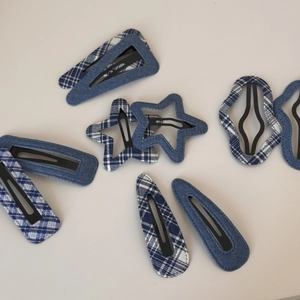 Blue denim and plaid pattern hair clip set with star and rectangle shapes for women