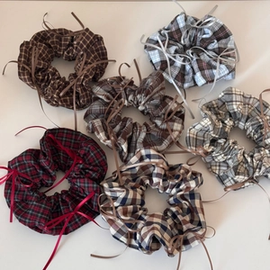 Set of six checkered fabric scrunchies with elegant ribbon bow detailing