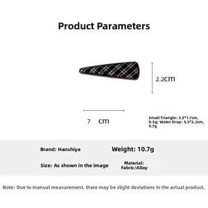 Detailed size specifications for triangular plaid fabric hair clips with metal base