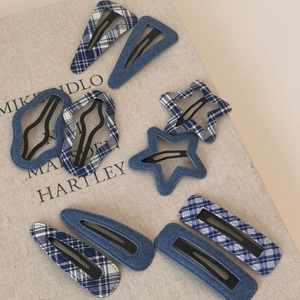 Set of 10 denim blue and plaid fabric hair clips in various geometric shapes