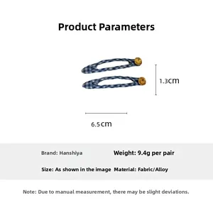 Detailed view of blue checkered BB hair clips with dimensions 6.5cm x 1.3cm