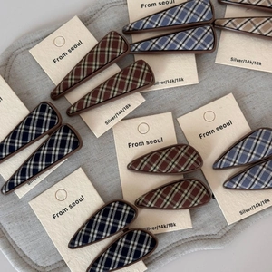 British style plaid fabric hair clips in brown, blue, and navy colors with metal base