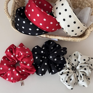 Retro polka dot satin scrunchie and headband set in classic red black and white colors