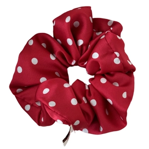 Fluffy red polka dot satin scrunchie with high elasticity for elegant hair styling