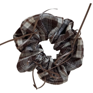 Brown plaid scrunchie with cute ribbon bows in a sweet ballet-inspired vintage style