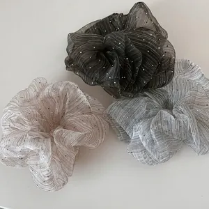 Damen Oversized Seersucker Scrunchies Funkelnde Strass Plissee Haargummi Elegantes Gestreiftes Bubble Yarn Elastisches Haarband Zubehör
