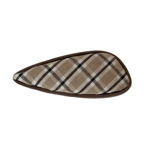 Classic British plaid hair clip in khaki and black with sleek teardrop shape design