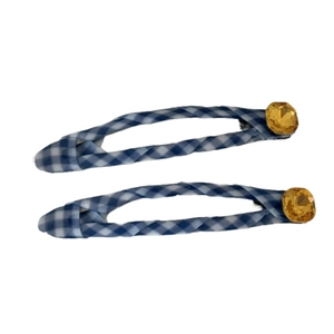 Set of two blue gingham BB hair clips with large amber rhinestone accents on white background