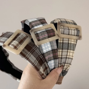 Set of three American retro plaid headbands with vintage large rectangular plastic buckles