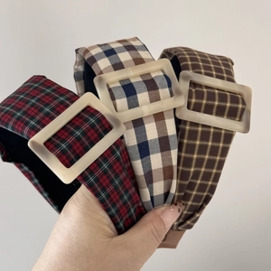 Retro plaid wide headband for women featuring a large beige resin square buckle accent