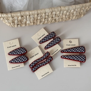 Pince à Cheveux en Tissu Plaid Bleu Marine Style Coréen Avec Bordure Rouge Barrettes Géométriques en Alliage Accessoires de Cheveux Rétro pour Femmes