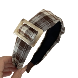 Vintage brown plaid headband for women featuring a stylish square resin buckle and fabric lining