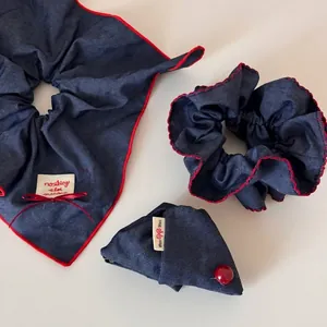 Vintage Denim Hair Scrunchie Set Navy Blue With Red Lace Trim Contrast Color Large Intestine Hair Ring For Women Girls