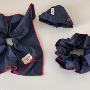 Three-piece denim hair accessory set with red lace trim scrunchies and a matching clip