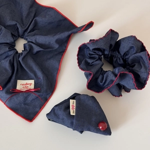 Detailed set of three denim hair accessories with navy fabric and red lace trim edges