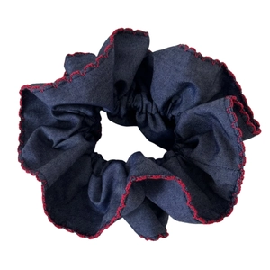 Red and navy blue contrast denim scrunchie with jagged edge stitching for hair styling