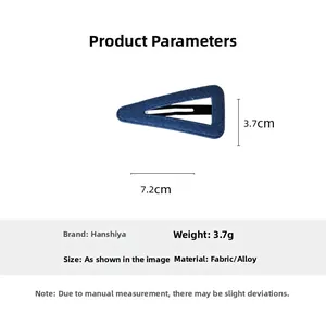 Blue denim plaid triangle hair clip showing 7.2cm length and 3.7cm width dimensions