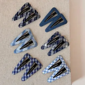 Vintage Blue Denim Plaid Triangle BB Hair Clips For Women Fabric Covered Alloy Hairpins Fashion Sweet Hair Accessories